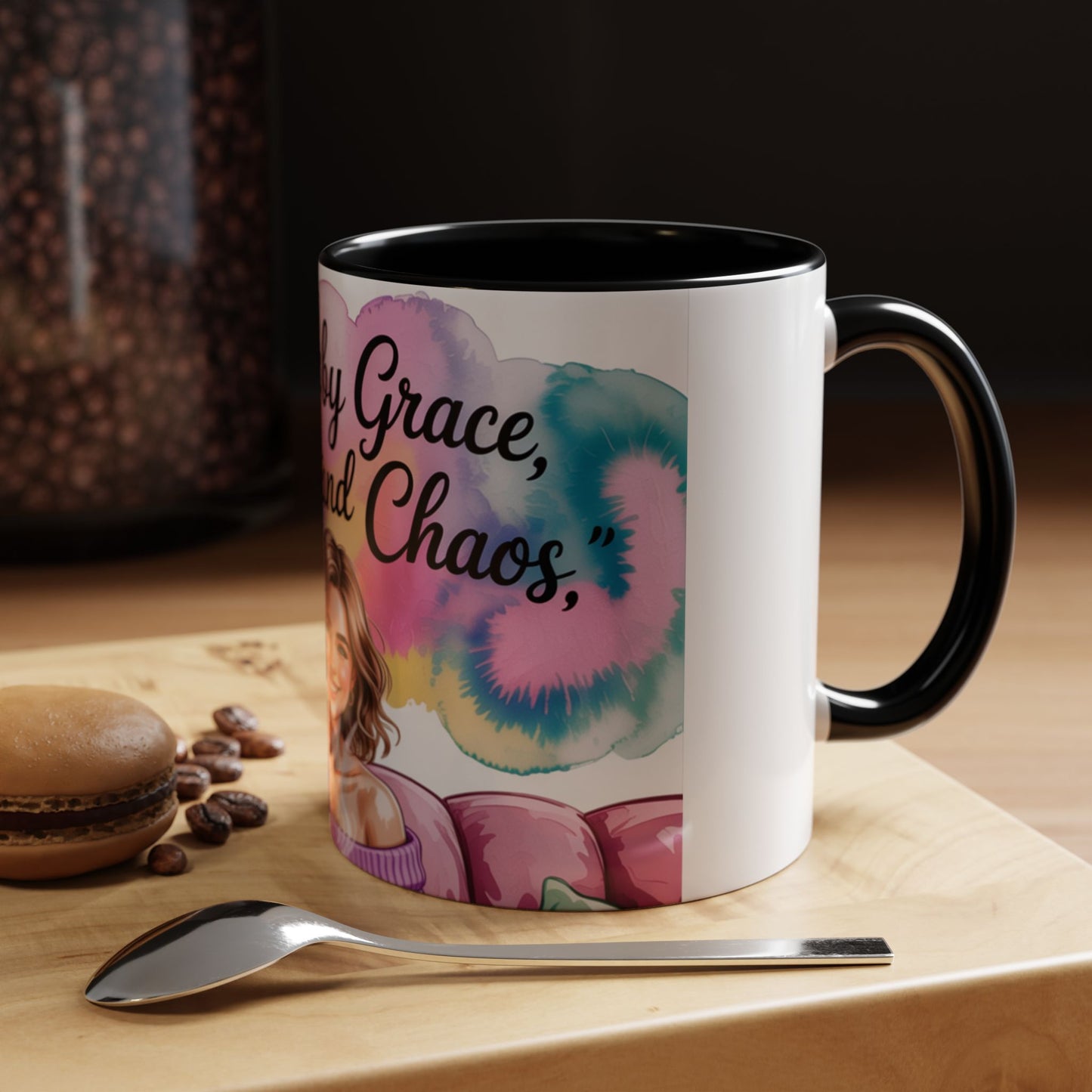 Fueled by Grace, Coffee, and Chaos Accent Coffee Mug, Colorful Design for Coffee Lovers, Hot chocolate