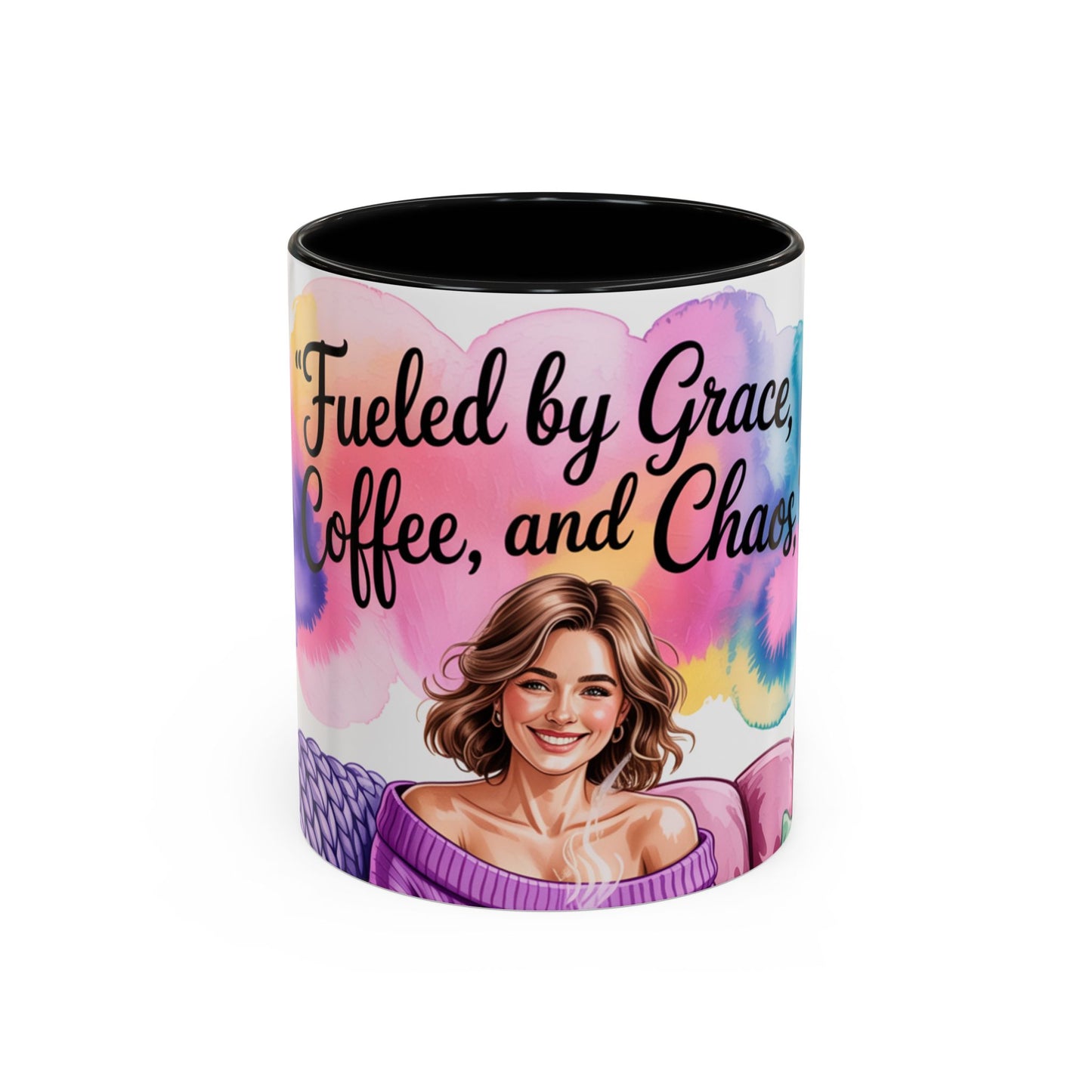 Fueled by Grace, Coffee, and Chaos Accent Coffee Mug, Colorful Design for Coffee Lovers, Hot chocolate