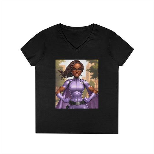 Empowered Ladies' V-Neck T-Shirt, Superhero Graphic Tee, Inspirational Quote Apparel, Gift for Her, Casual Wear, Faith-Based Fashion