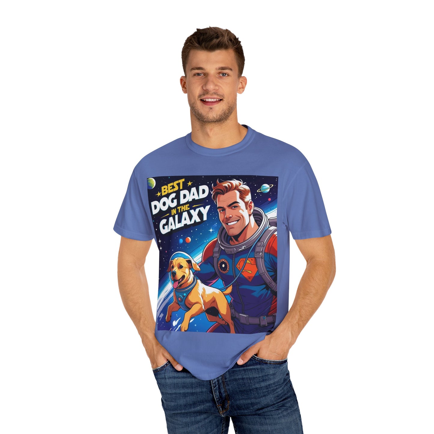 Best Dog Dad in the Galaxy Tee | Unisex Garment-Dyed T-shirt, Dog Lover Gift, Father's Day Shirt, Cute Dog Dad Apparel, Space Theme Tee