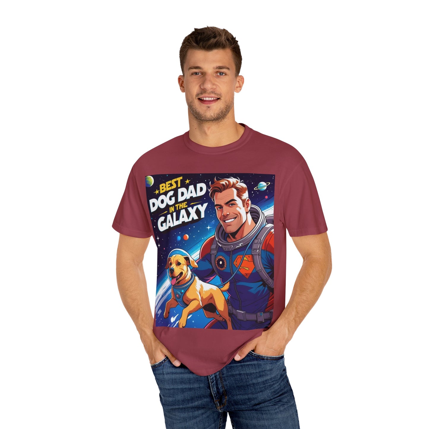 Best Dog Dad in the Galaxy Tee | Unisex Garment-Dyed T-shirt, Dog Lover Gift, Father's Day Shirt, Cute Dog Dad Apparel, Space Theme Tee