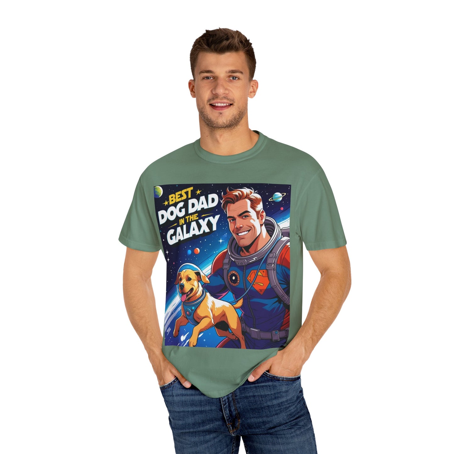 Best Dog Dad in the Galaxy Tee | Unisex Garment-Dyed T-shirt, Dog Lover Gift, Father's Day Shirt, Cute Dog Dad Apparel, Space Theme Tee
