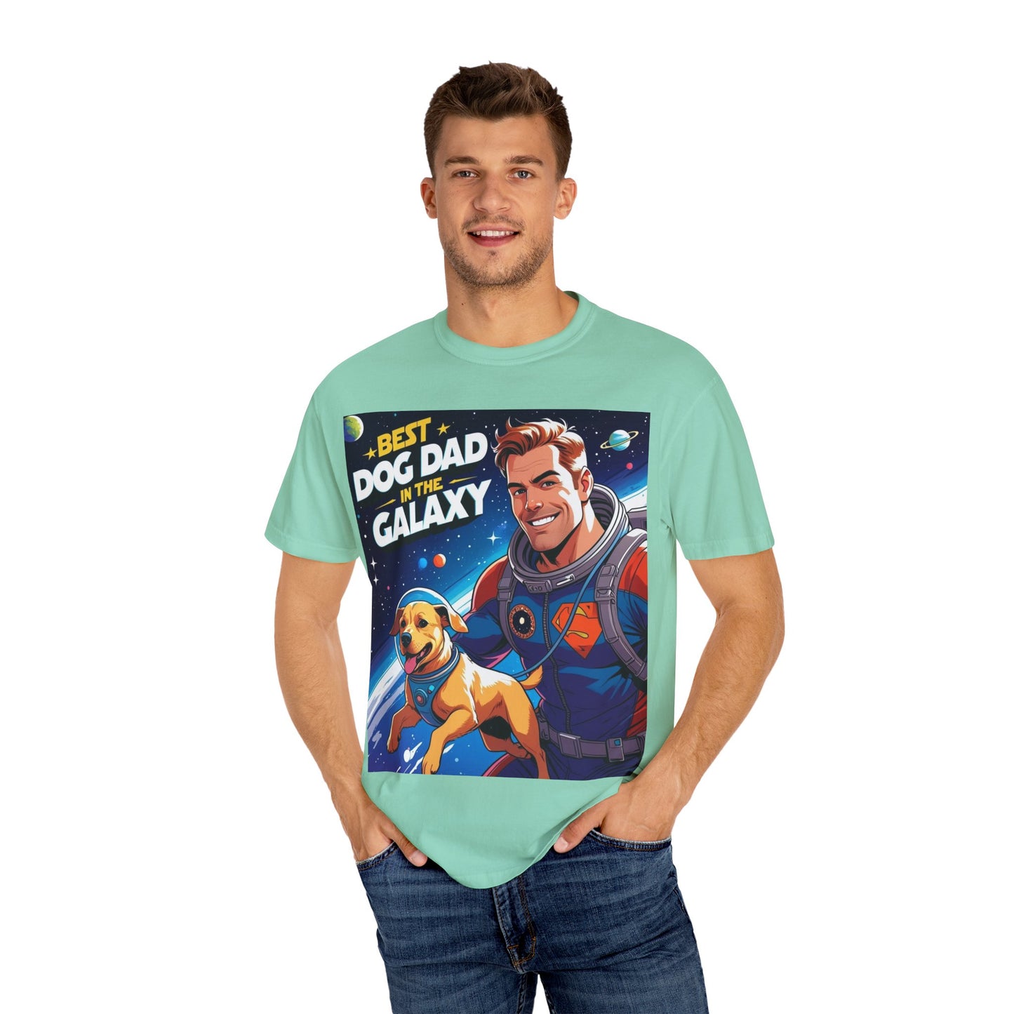Best Dog Dad in the Galaxy Tee | Unisex Garment-Dyed T-shirt, Dog Lover Gift, Father's Day Shirt, Cute Dog Dad Apparel, Space Theme Tee