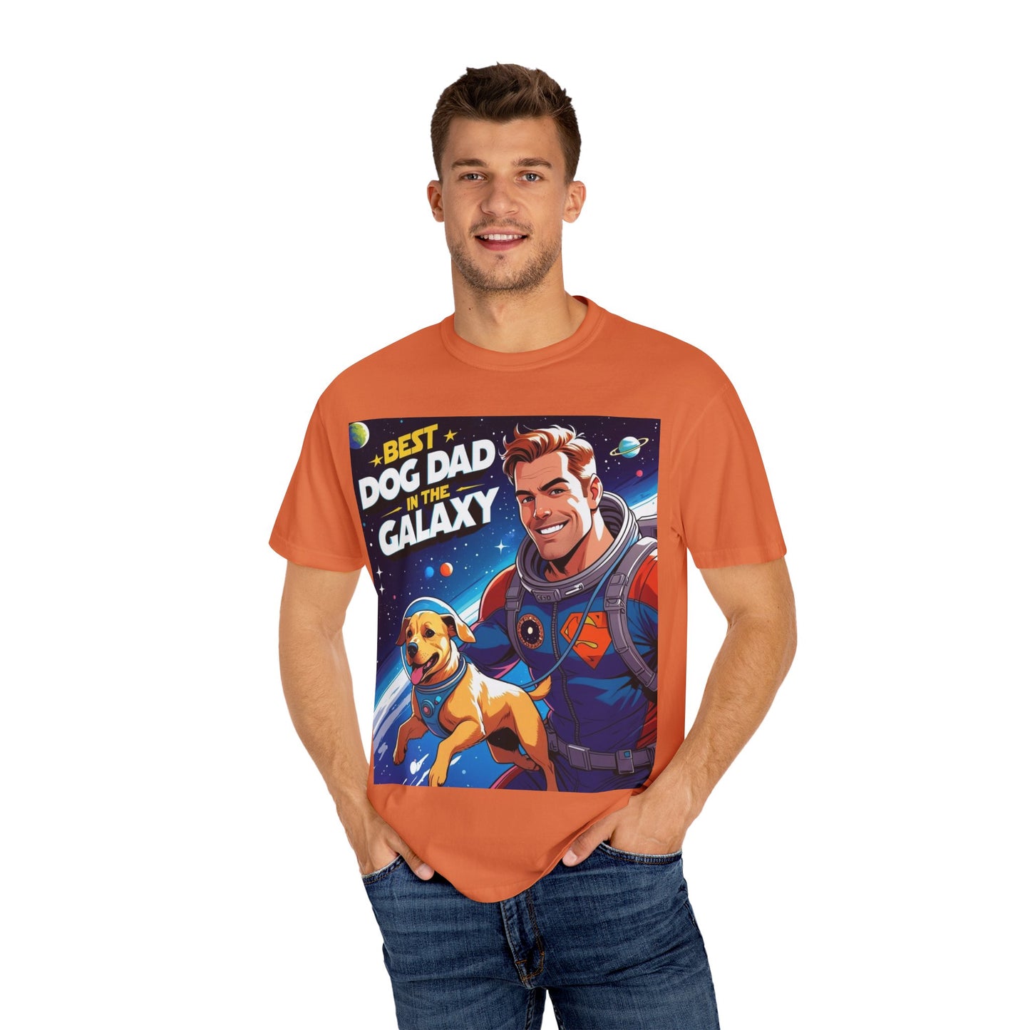 Best Dog Dad in the Galaxy Tee | Unisex Garment-Dyed T-shirt, Dog Lover Gift, Father's Day Shirt, Cute Dog Dad Apparel, Space Theme Tee