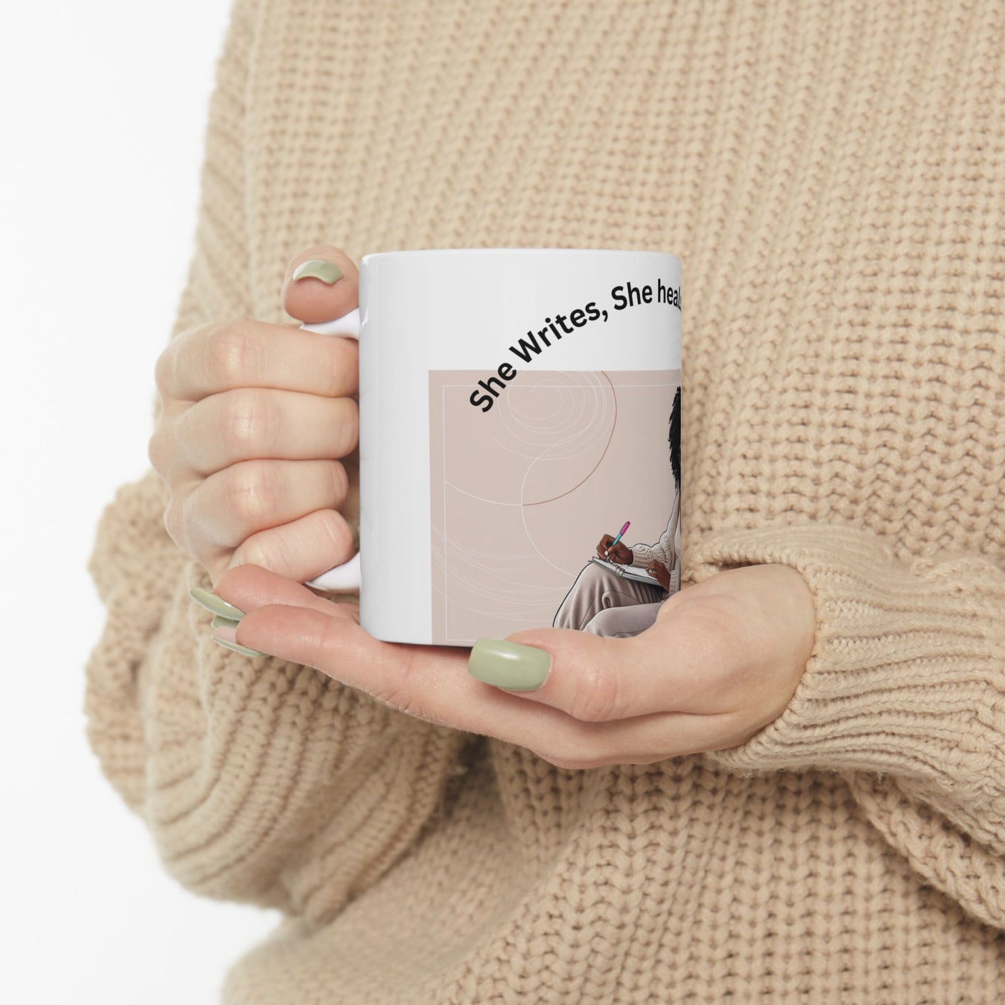 Empowering, Trendy Ceramic Mug  "She Writes, She Heals, She Grows" Perfect for Writers, Creatives, Moms,  Teachers and Women