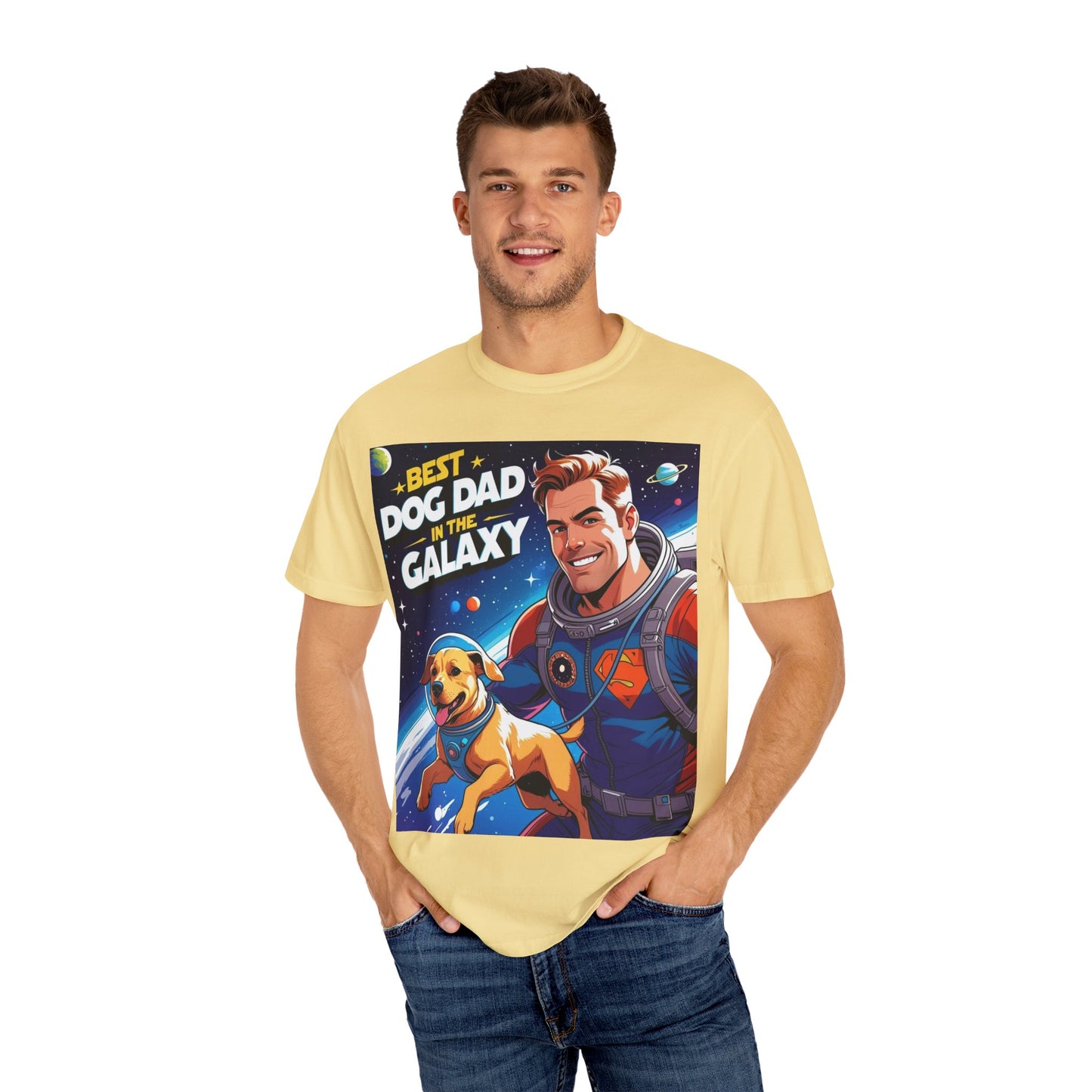 Best Dog Dad in the Galaxy Tee | Unisex Garment-Dyed T-shirt, Dog Lover Gift, Father's Day Shirt, Cute Dog Dad Apparel, Space Theme Tee