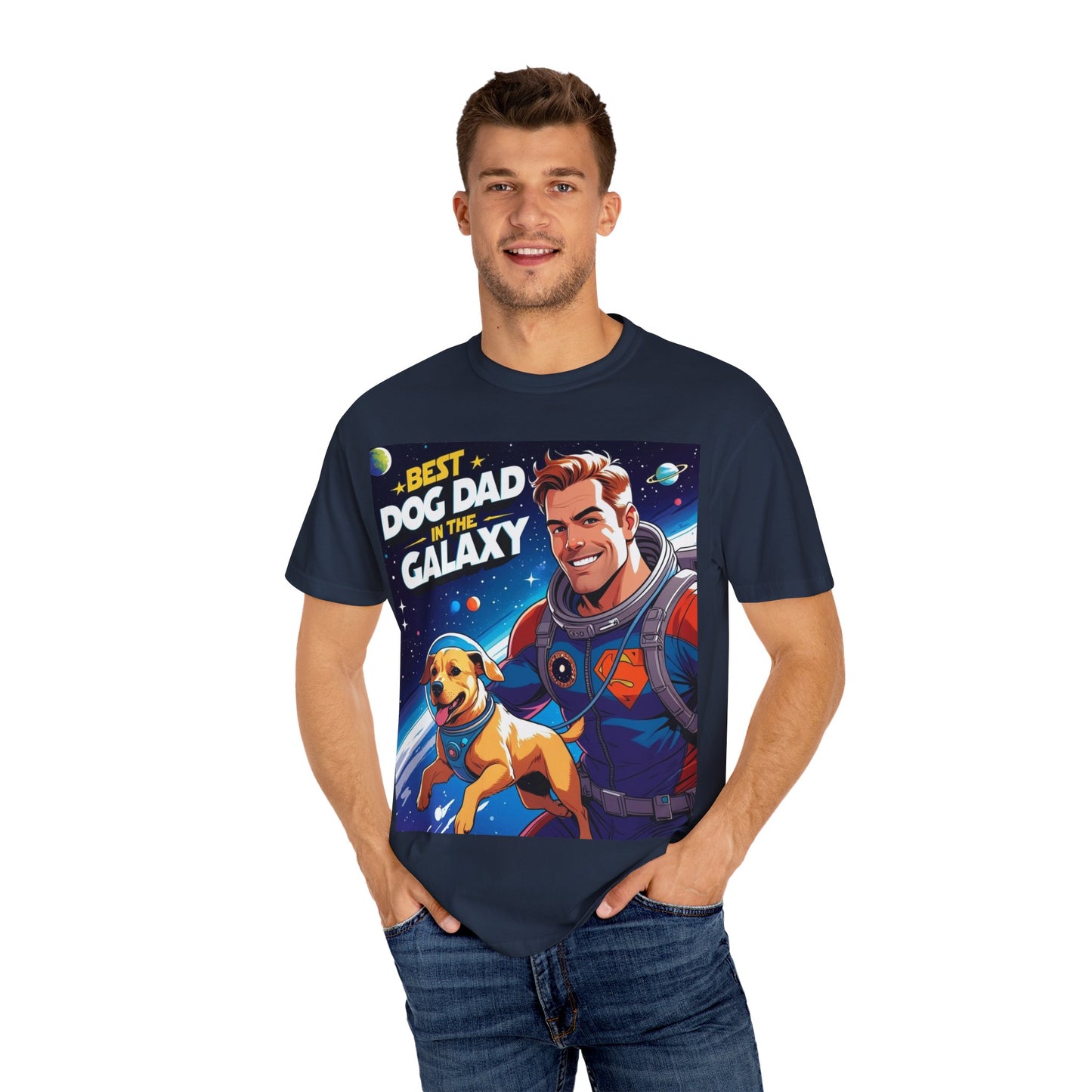 Best Dog Dad in the Galaxy Tee | Unisex Garment-Dyed T-shirt, Dog Lover Gift, Father's Day Shirt, Cute Dog Dad Apparel, Space Theme Tee