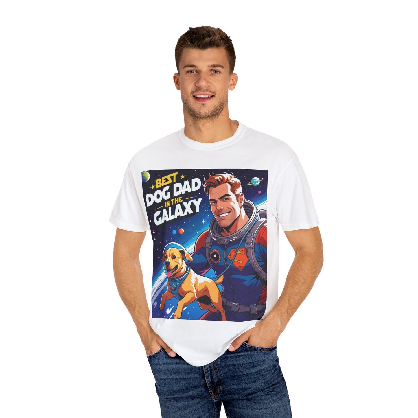Best Dog Dad in the Galaxy Tee | Unisex Garment-Dyed T-shirt, Dog Lover Gift, Father's Day Shirt, Cute Dog Dad Apparel, Space Theme Tee
