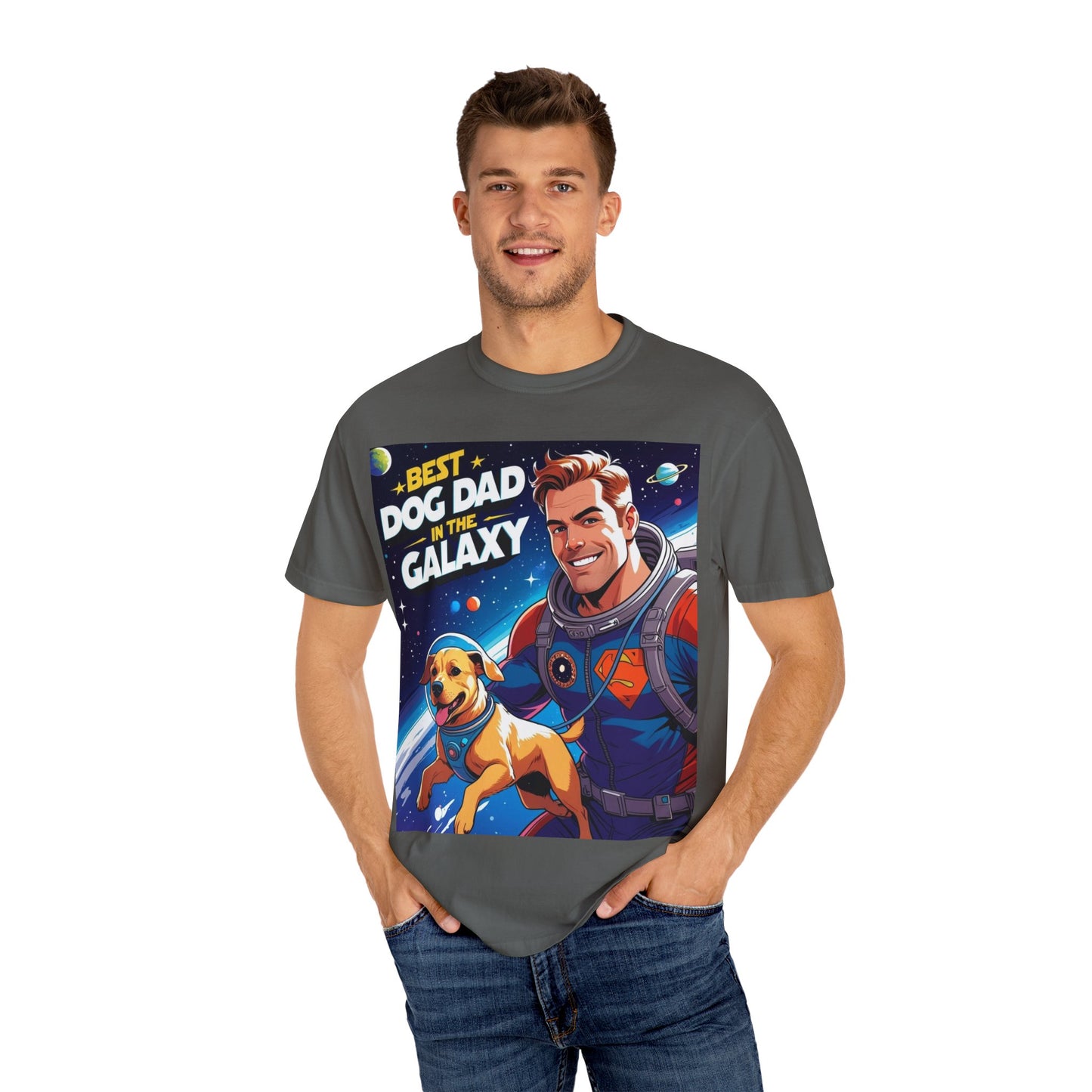 Best Dog Dad in the Galaxy Tee | Unisex Garment-Dyed T-shirt, Dog Lover Gift, Father's Day Shirt, Cute Dog Dad Apparel, Space Theme Tee