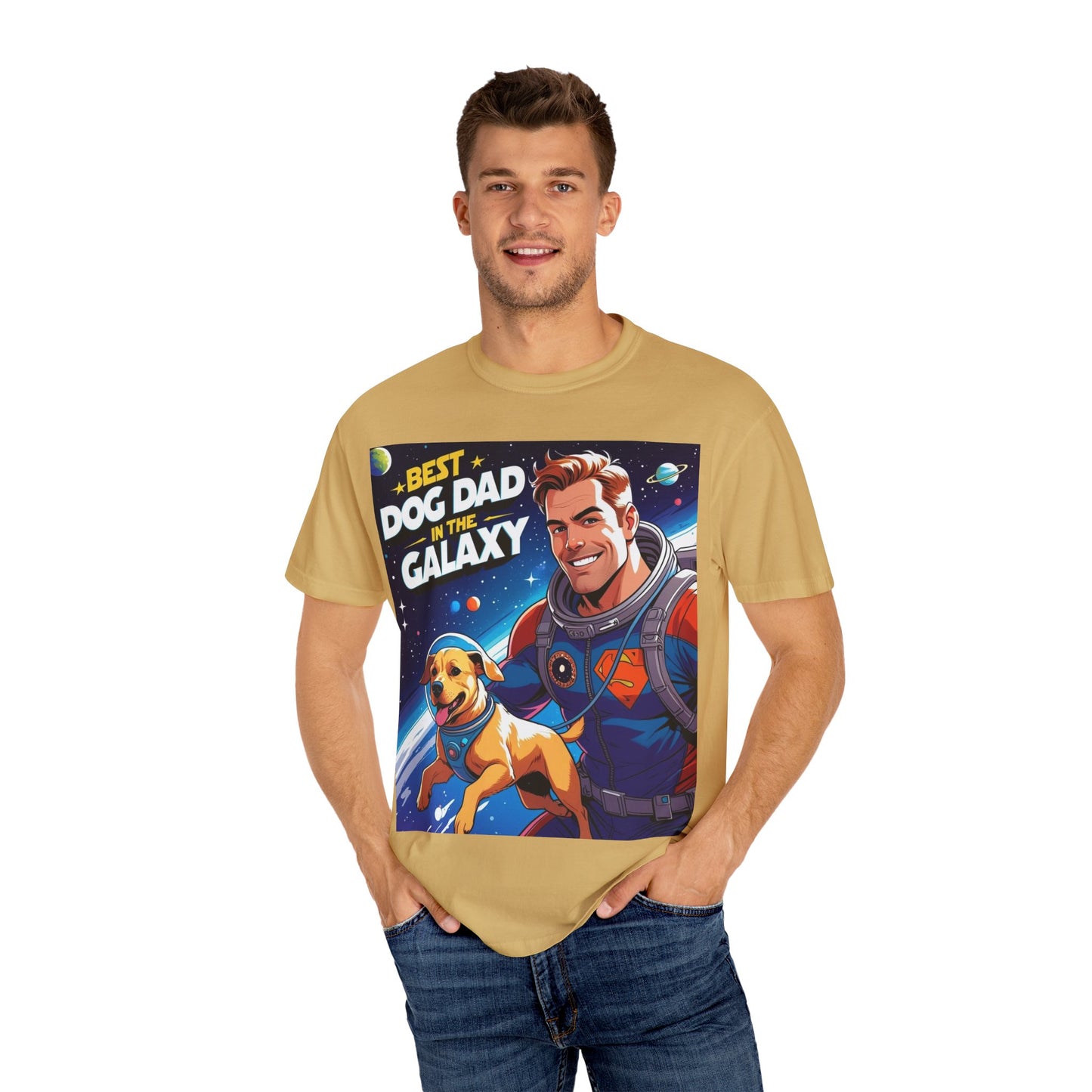 Best Dog Dad in the Galaxy Tee | Unisex Garment-Dyed T-shirt, Dog Lover Gift, Father's Day Shirt, Cute Dog Dad Apparel, Space Theme Tee
