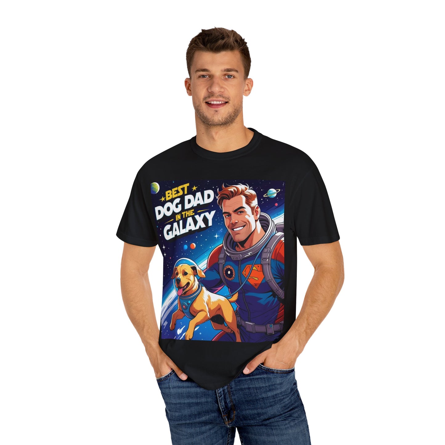 Best Dog Dad in the Galaxy Tee | Unisex Garment-Dyed T-shirt, Dog Lover Gift, Father's Day Shirt, Cute Dog Dad Apparel, Space Theme Tee