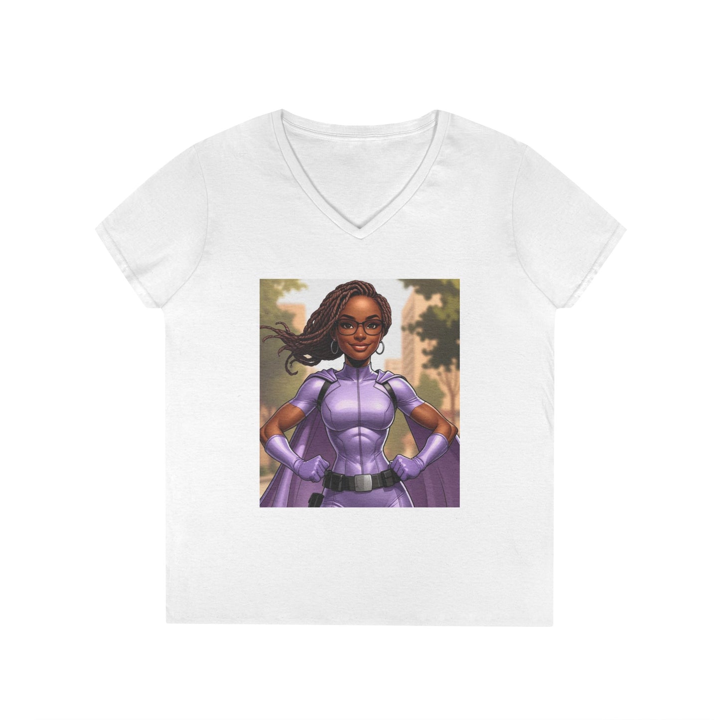 Empowered Ladies' V-Neck T-Shirt, Superhero Graphic Tee, Inspirational Quote Apparel, Gift for Her, Casual Wear, Faith-Based Fashion