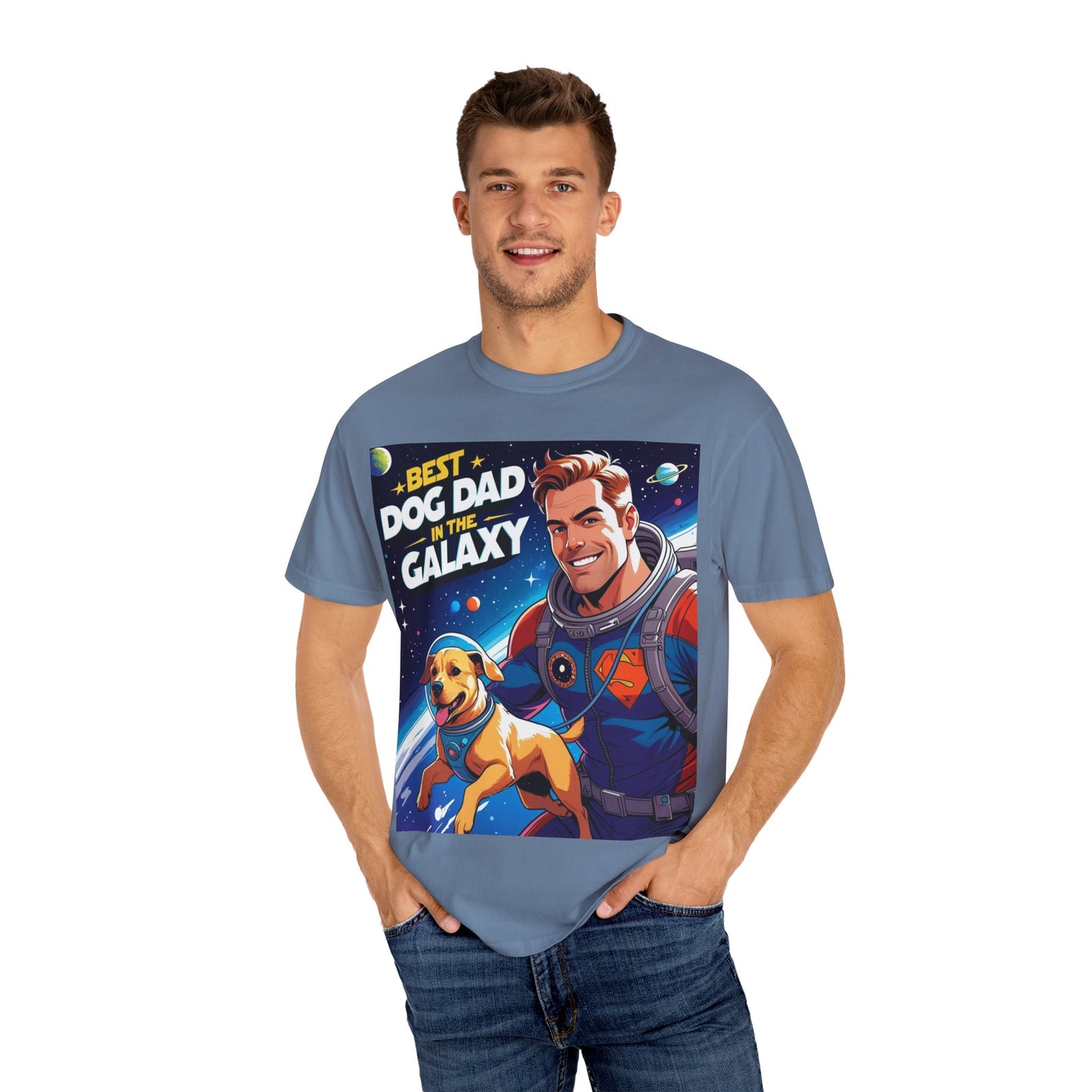 Best Dog Dad in the Galaxy Tee | Unisex Garment-Dyed T-shirt, Dog Lover Gift, Father's Day Shirt, Cute Dog Dad Apparel, Space Theme Tee